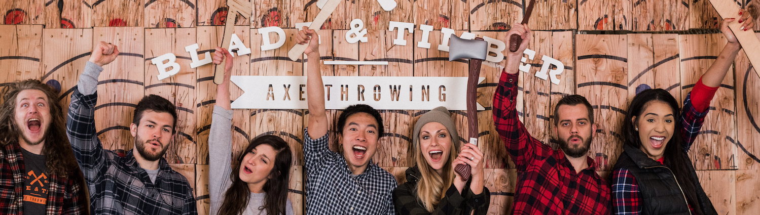 Blade & Timber - People cheering in front of logo