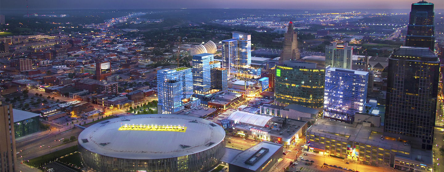 An aerial view of the Kansas City Power and Light District at night.